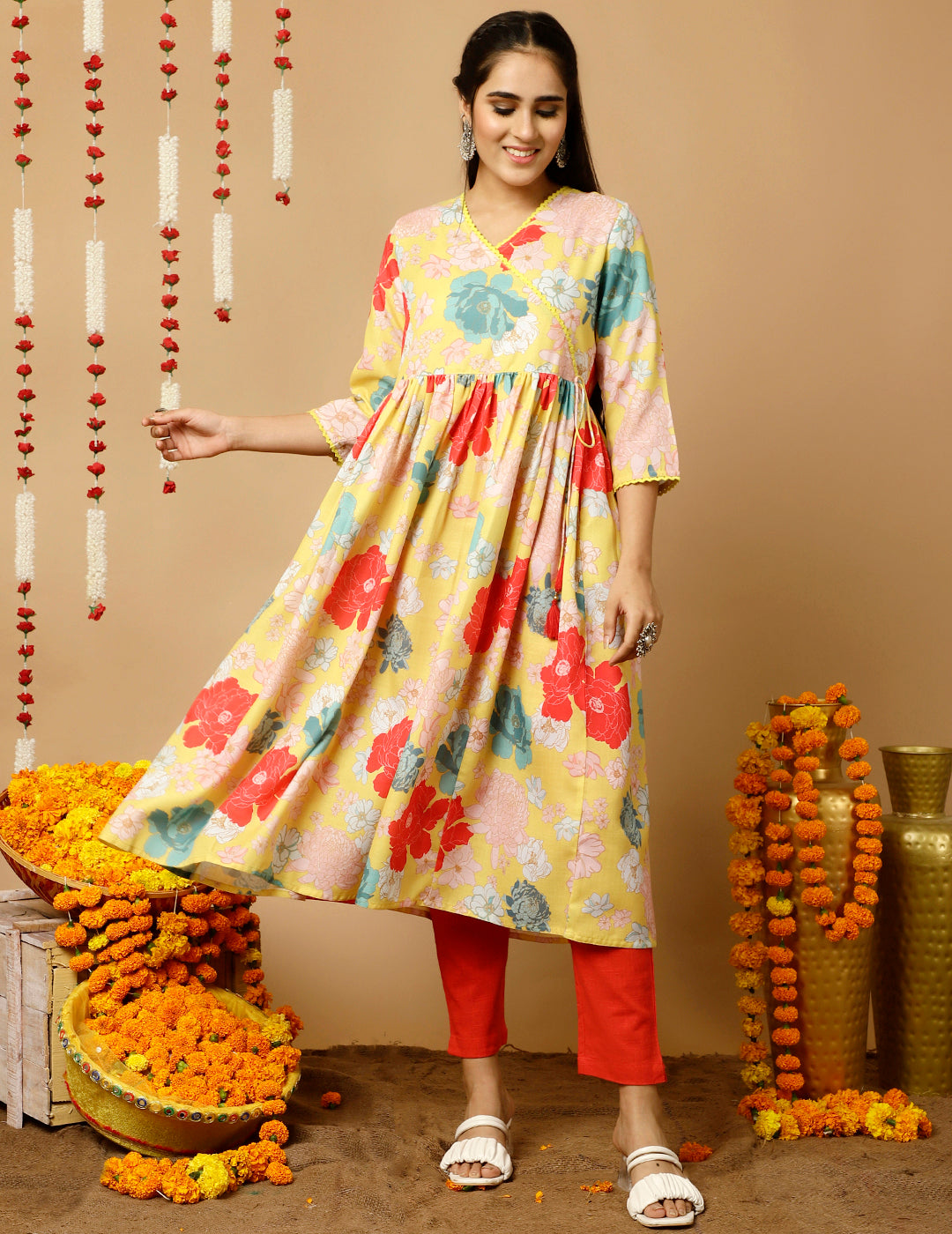 Yellow Floral Printed Gathered Angrakha Kurta