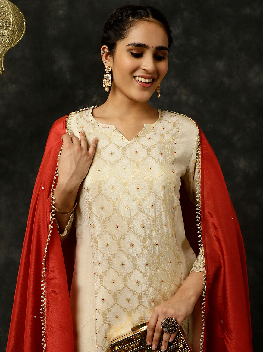 Beige Bead Work Straight Kurta With Pants And Dupatta