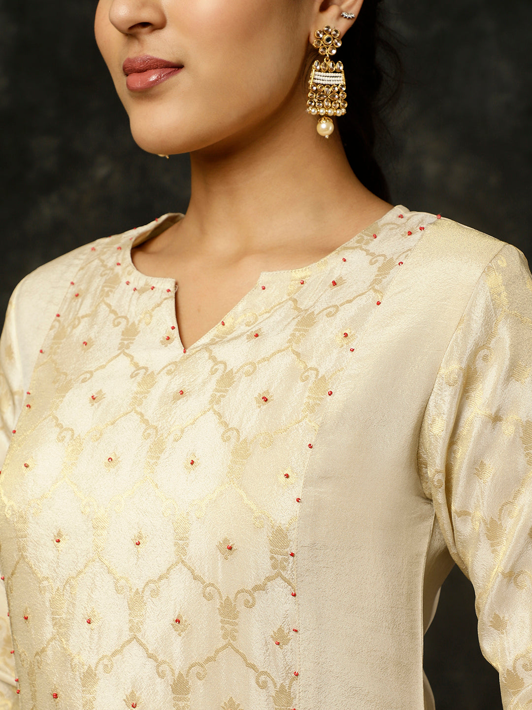 Beige Bead Work Straight Kurta With Pants And Dupatta