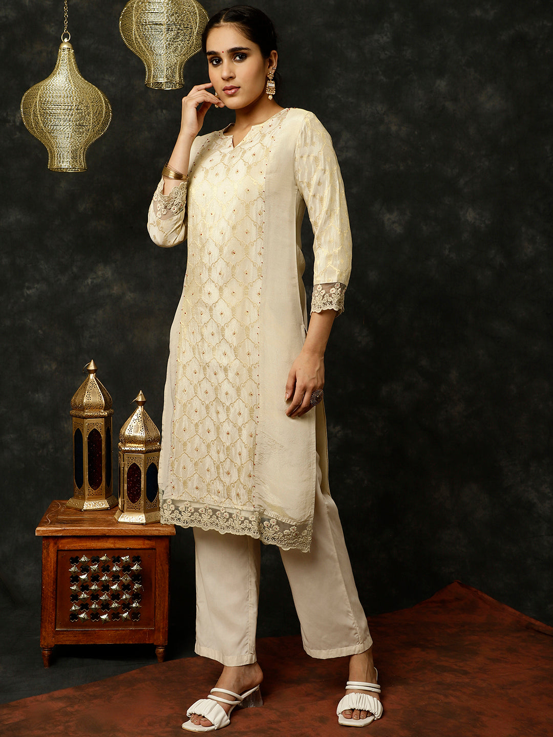 Beige Bead Work Straight Kurta With Pants And Dupatta