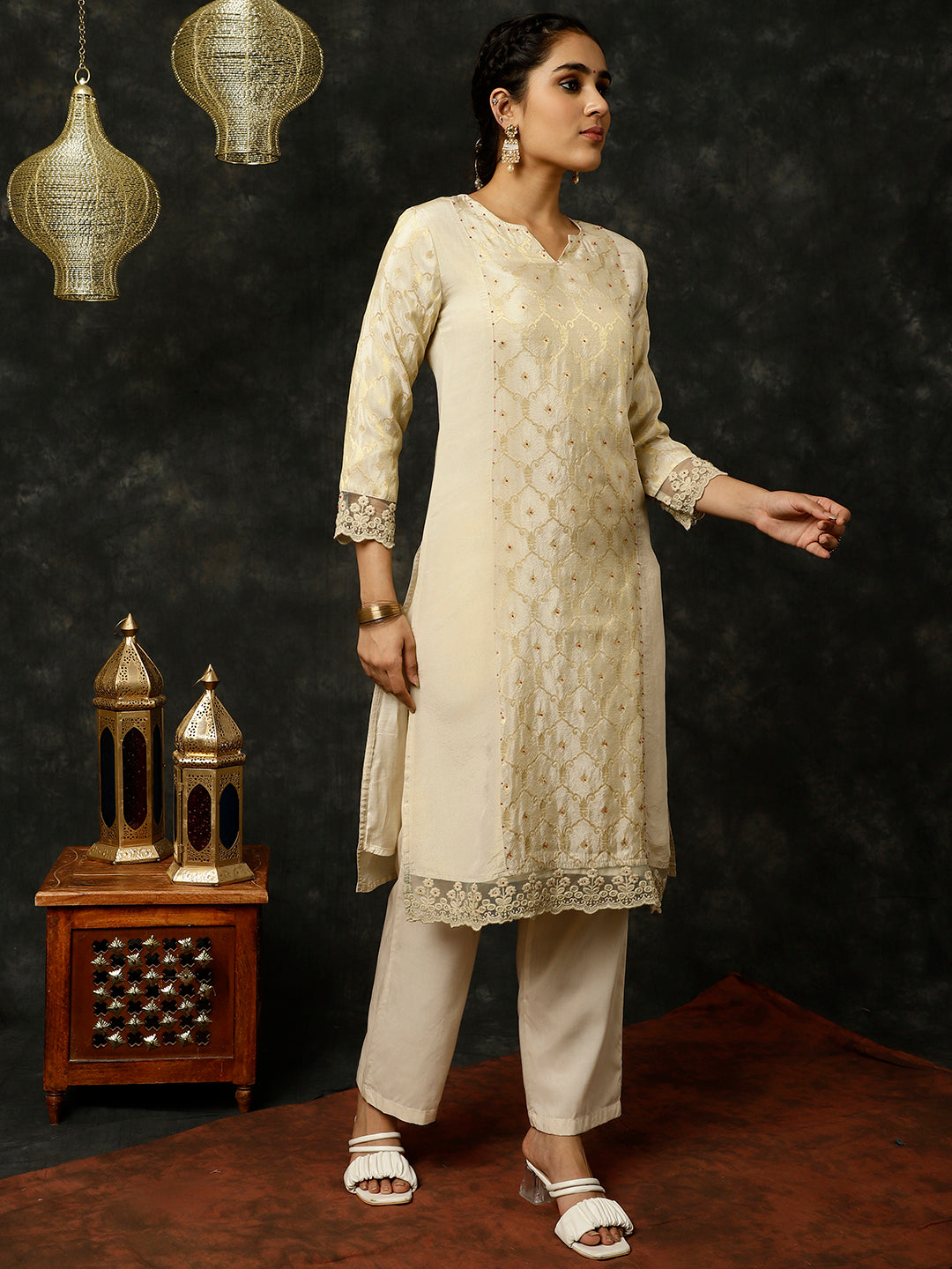 Beige Bead Work Straight Kurta With Pants And Dupatta