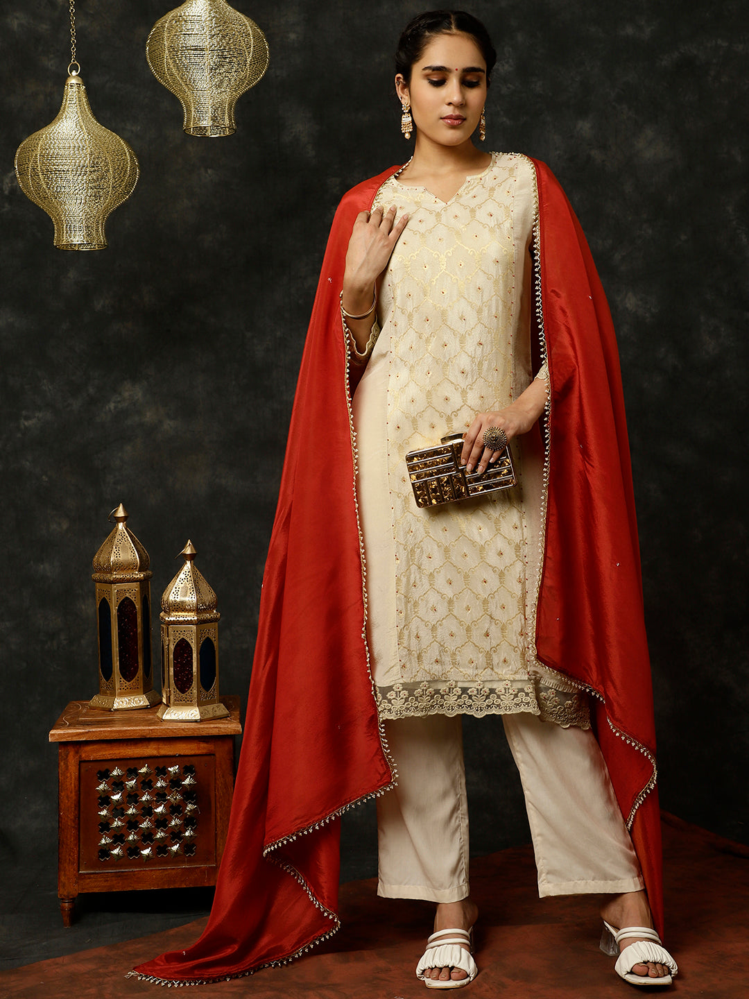 Beige Bead Work Straight Kurta With Pants And Dupatta