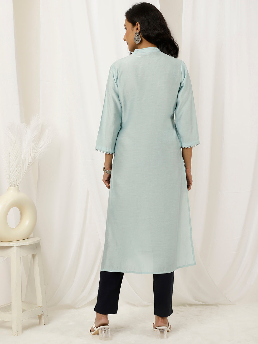 Embroidered Light Blue Pintuck Straight Kurta