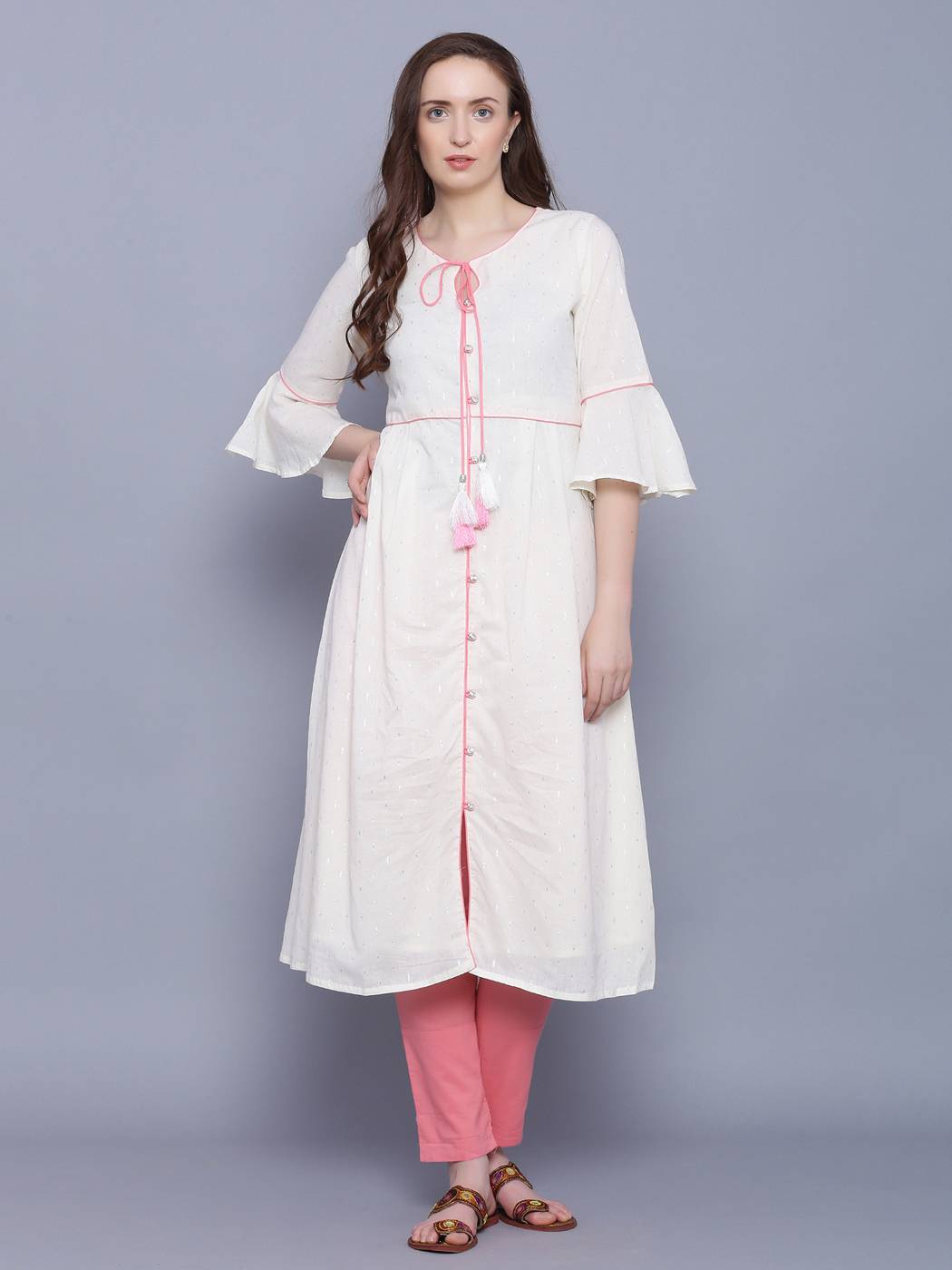 White And Pink Solid A-Line Cotton Kurta
