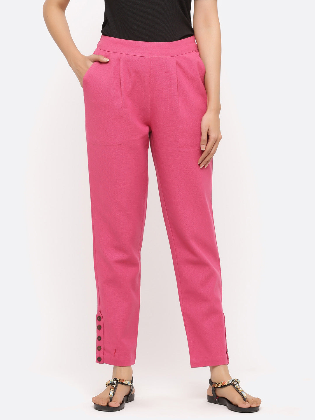 Shop Magenta Solid Cotton Slub Pants