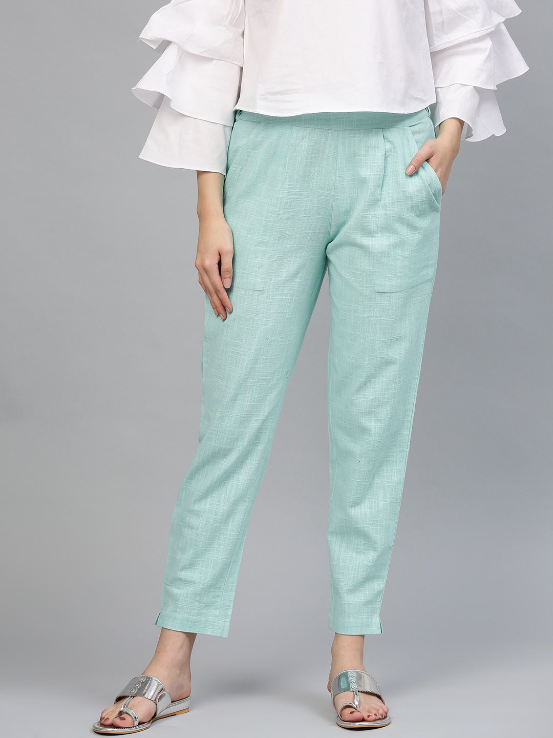 Shop Sky Blue Solid Cotton Slub Pants