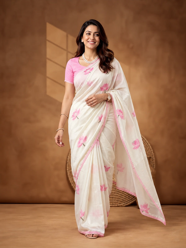 Floral Linen Blend Saree with Unstiched Blouse