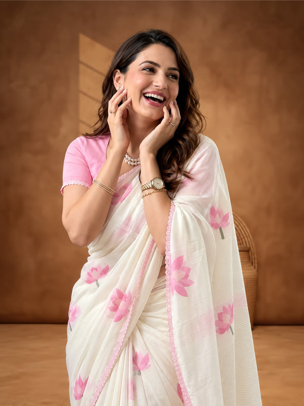 Floral Linen Blend Saree with Unstiched Blouse