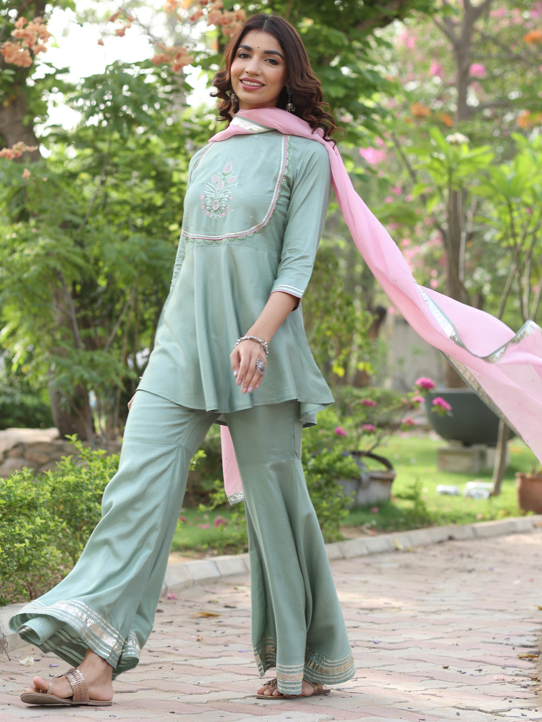 Olive Green Peplum Short Kurta With Sharara And Organza Dupatta