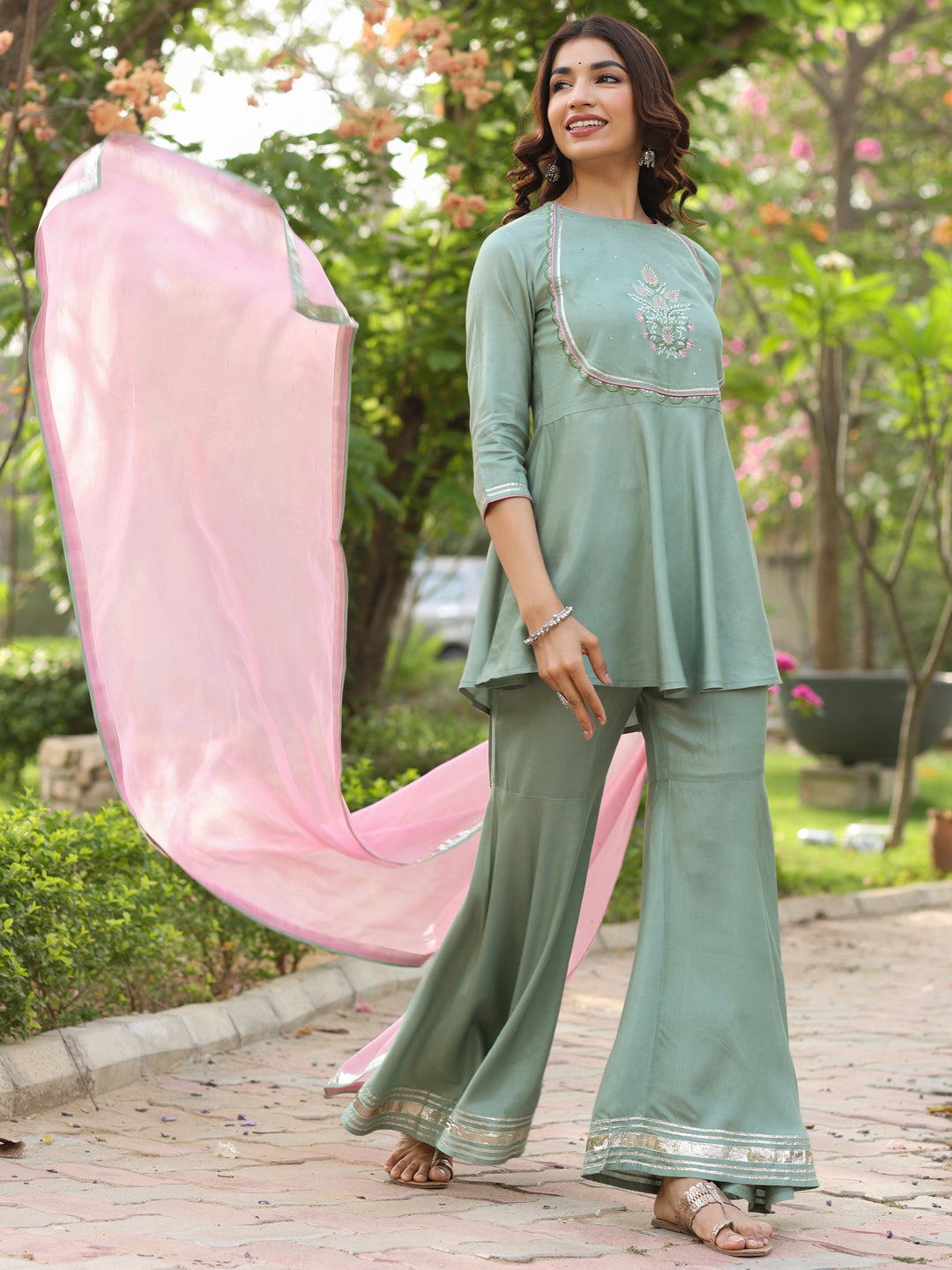 Olive Green Peplum Short Kurta With Sharara And Organza Dupatta