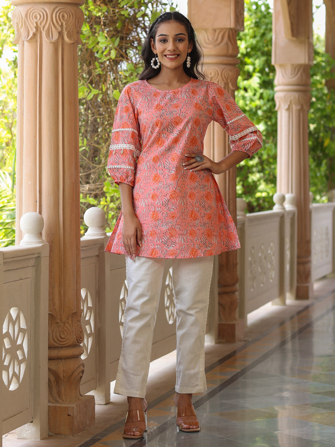 Pink Ethnic Printed Cotton Lace Embellished Short Kurti