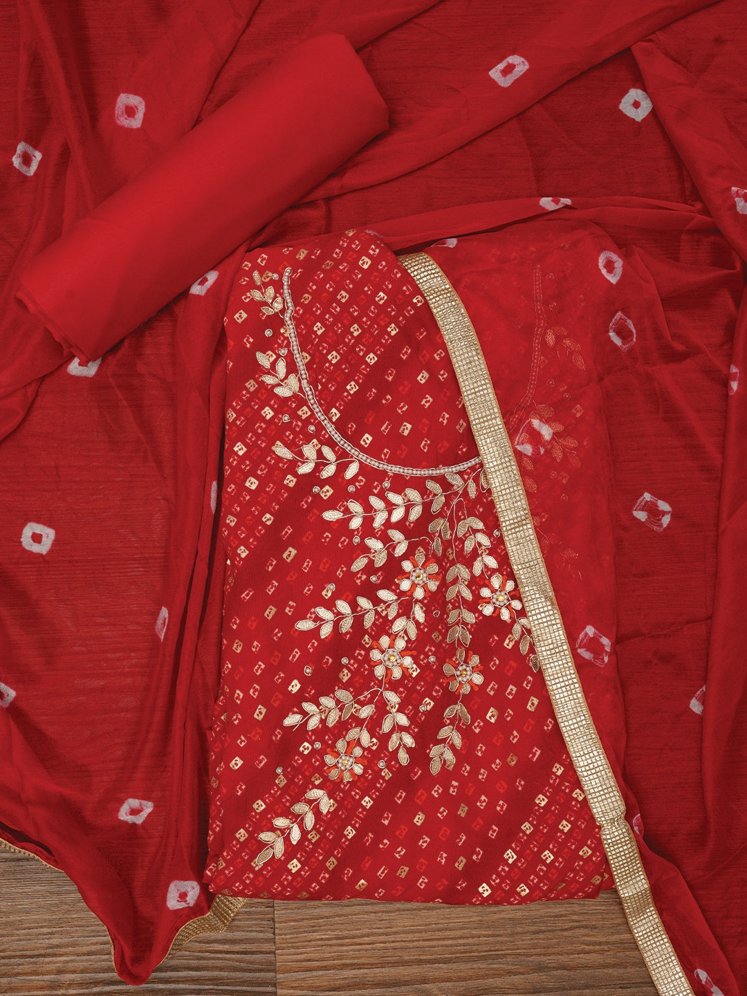 Red Unstitched Cotton Bandhani Printed Dress Material With Dupatta