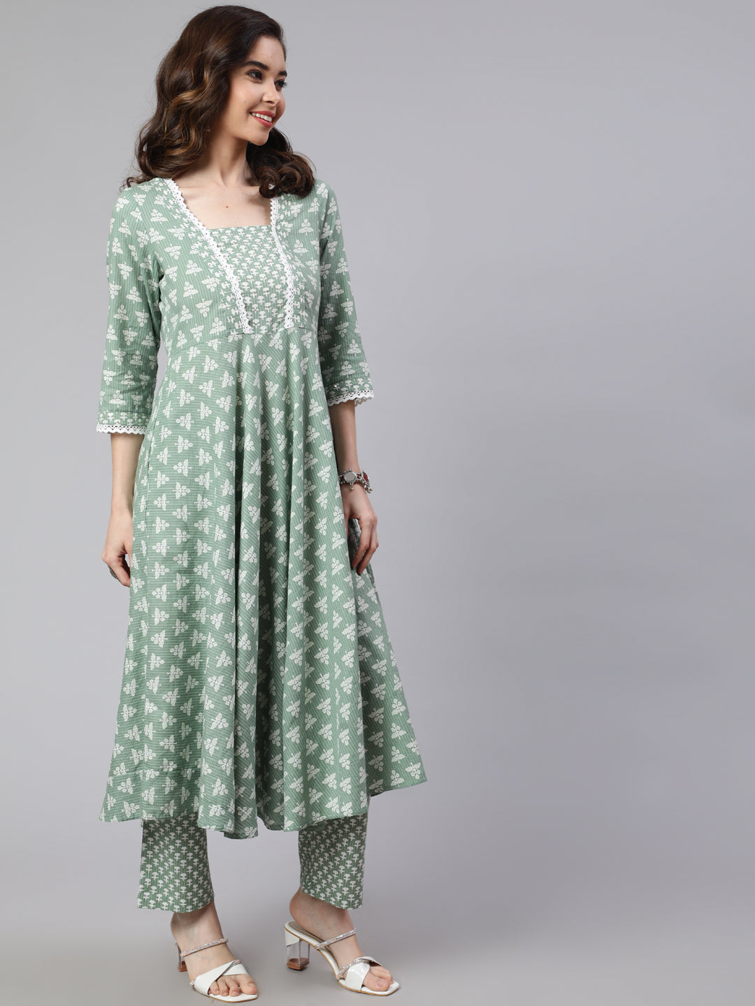Green Woven Ethnic Print Embroidered Flared Laced Kurta With Printed Palazzo