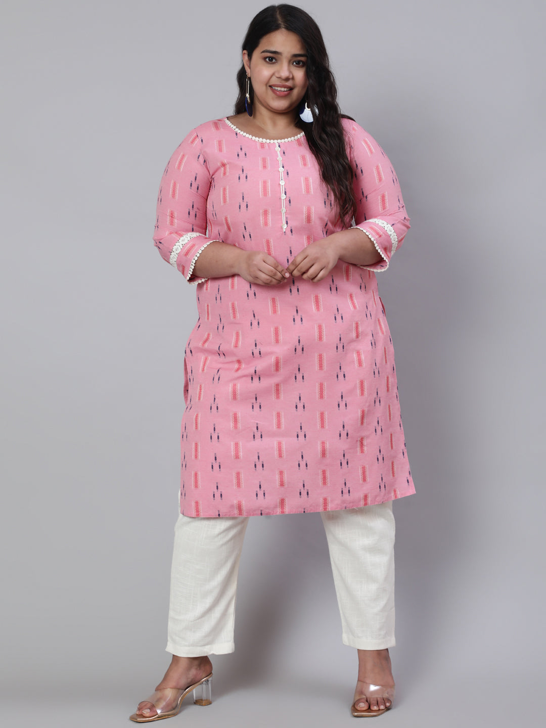 Pink Self Weaved Straight Kurta With Lace Detail