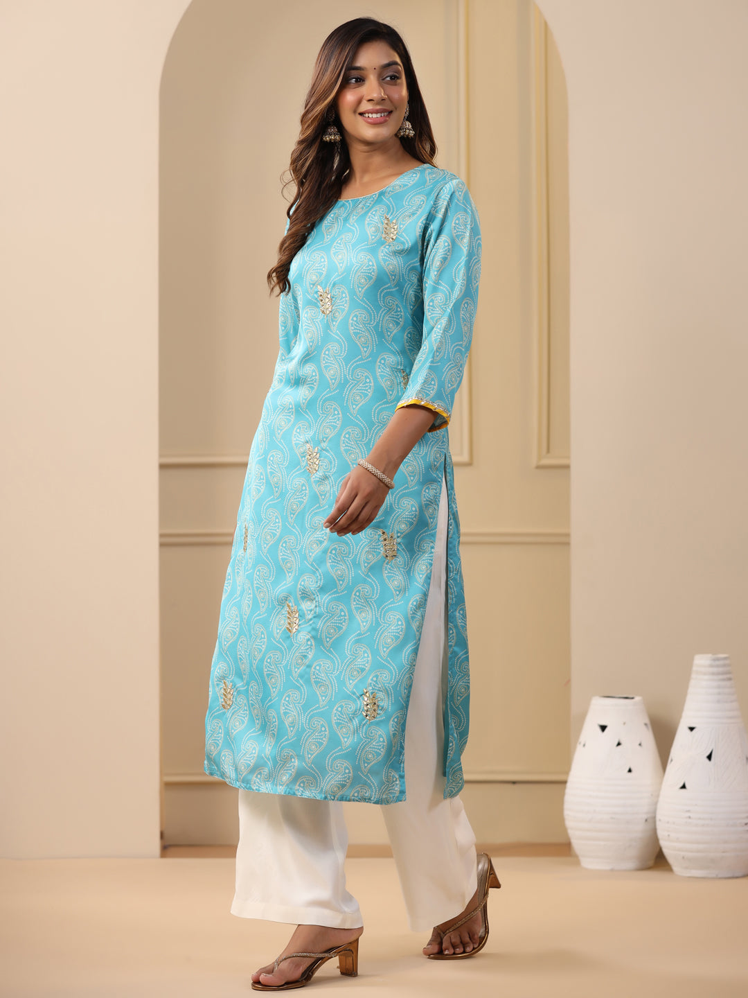 Embroidered Art Silk Blue Printed Straight Kurta