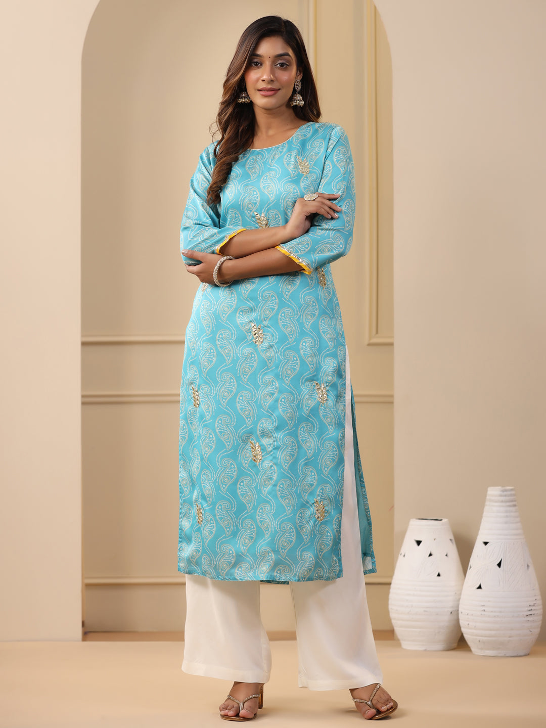 Embroidered Art Silk Blue Printed Straight Kurta