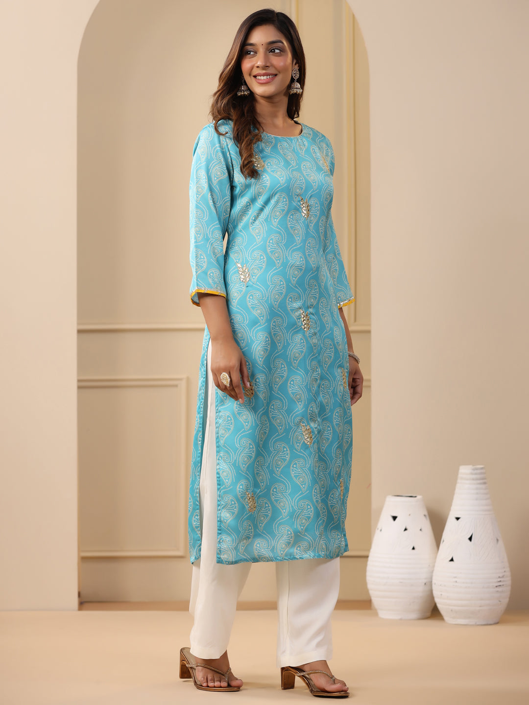 Embroidered Art Silk Blue Printed Straight Kurta