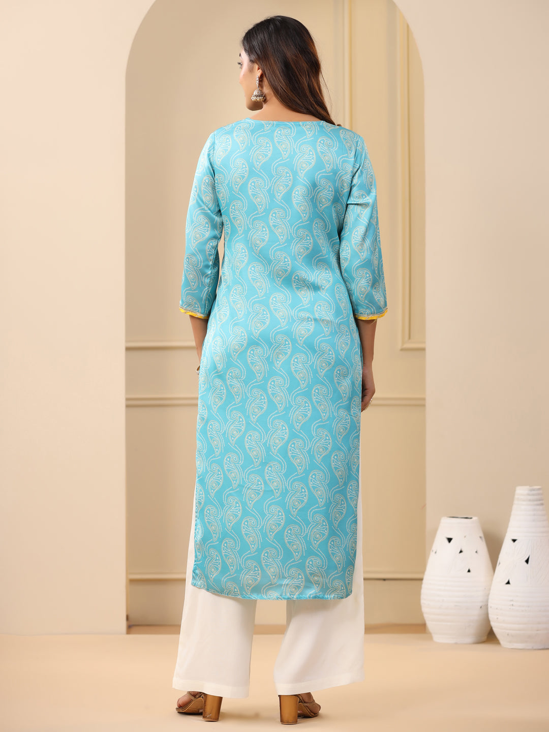 Embroidered Art Silk Blue Printed Straight Kurta