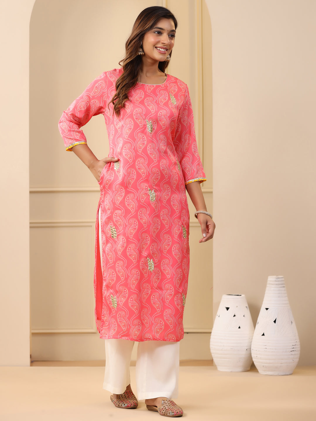 Embroidered Art Silk Peach Printed Straight Kurta