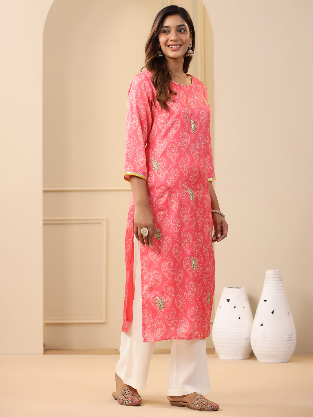 Embroidered Art Silk Peach Printed Straight Kurta