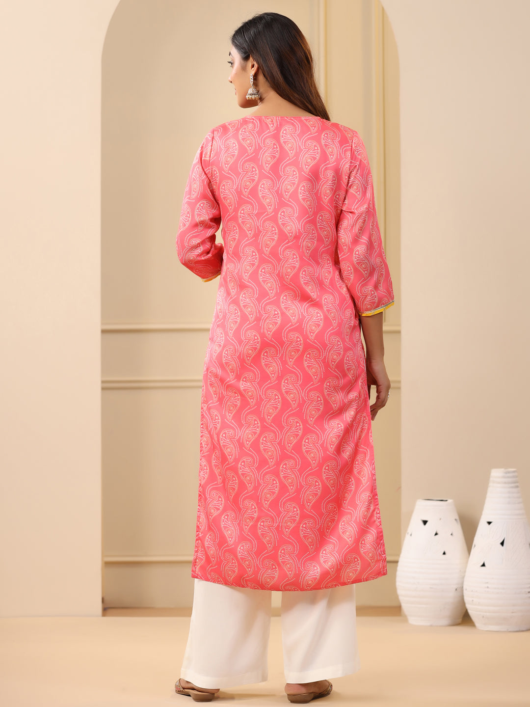 Embroidered Art Silk Peach Printed Straight Kurta