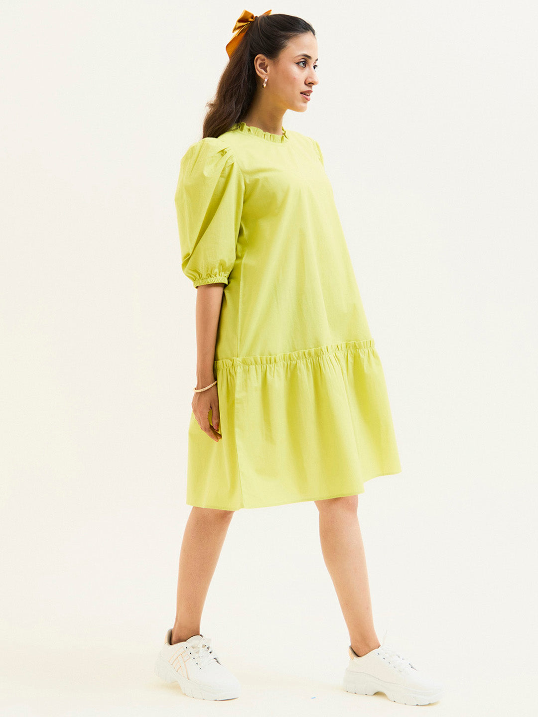 Lime Green Cotton A-line Short Dress