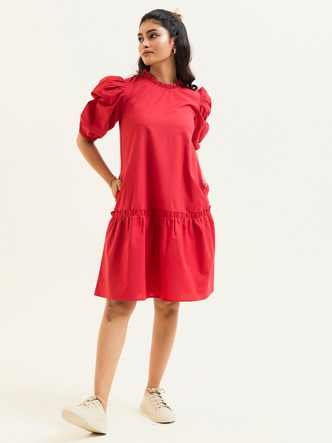 Red Cotton A-line Short Dress