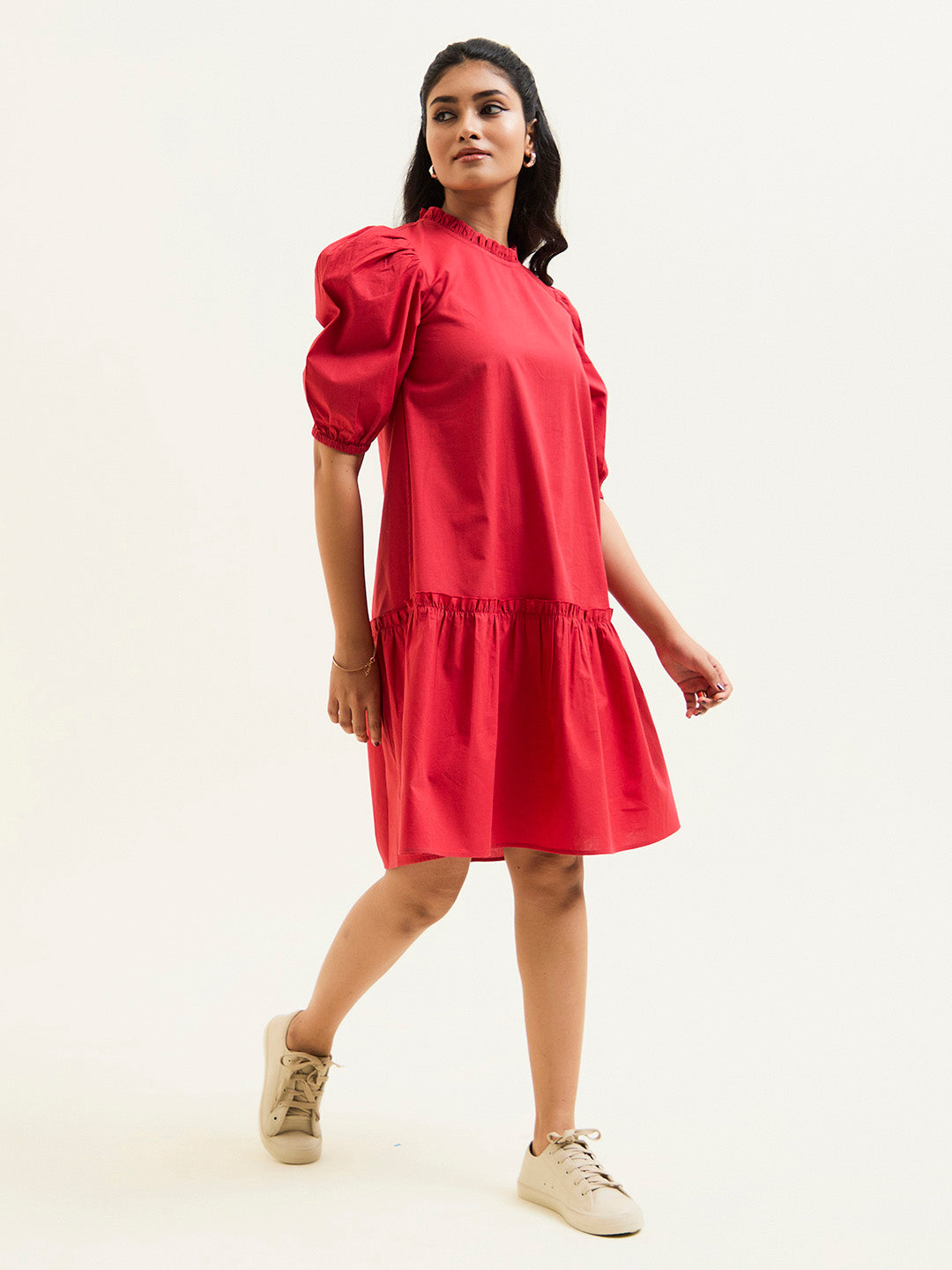 Red Cotton A-line Short Dress