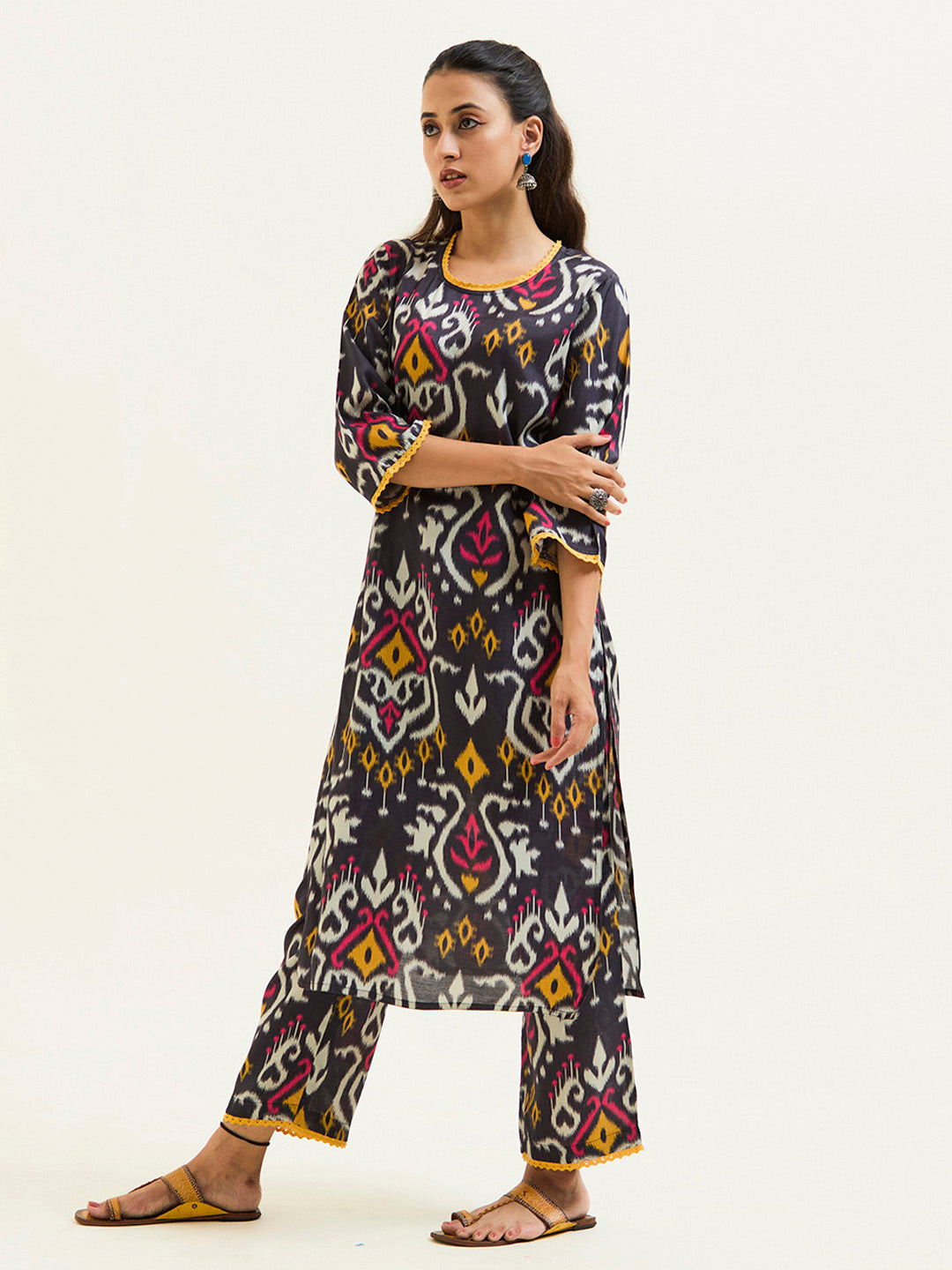 Black Ikat Printed Kurta With Palazzo