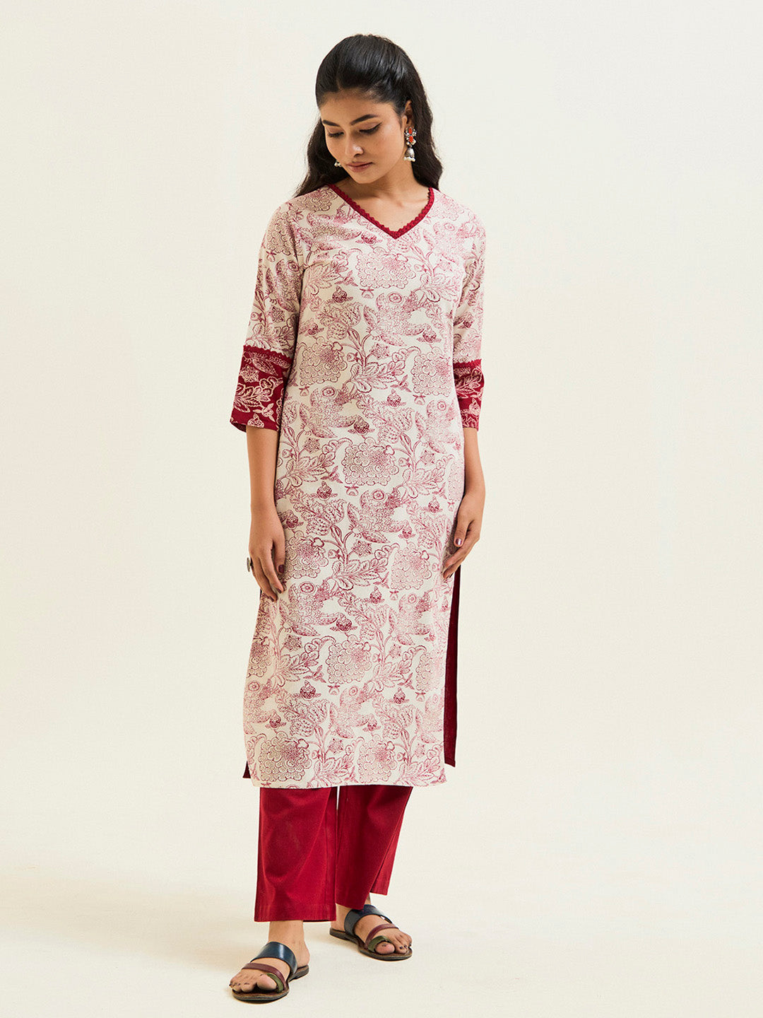 Maroon Handblock Printed Buddha Embroidered Kurta Set