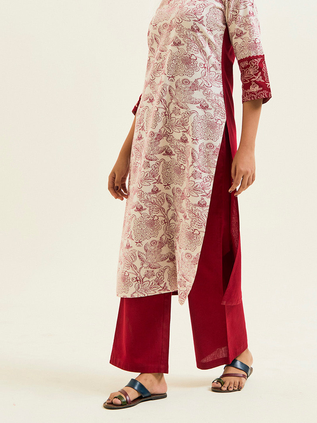 Maroon Handblock Printed Buddha Embroidered Kurta Set