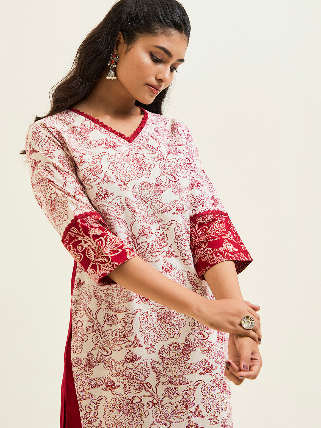 Maroon Handblock Printed Buddha Embroidered Kurta Set