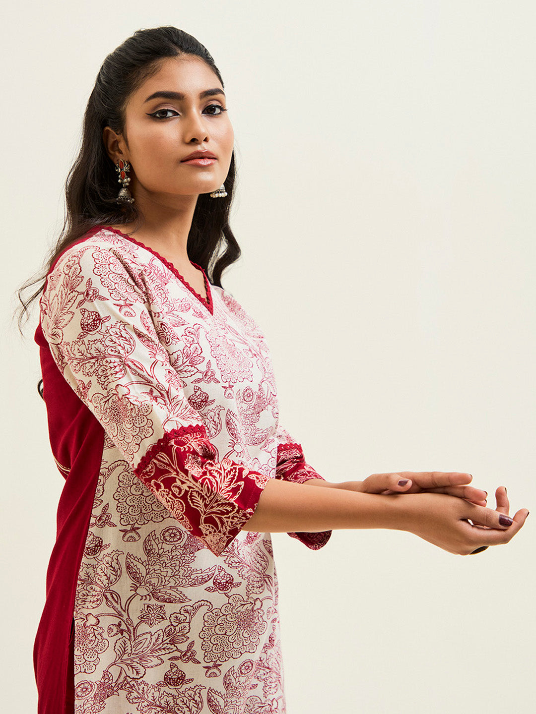 Maroon Handblock Printed Buddha Embroidered Kurta Set