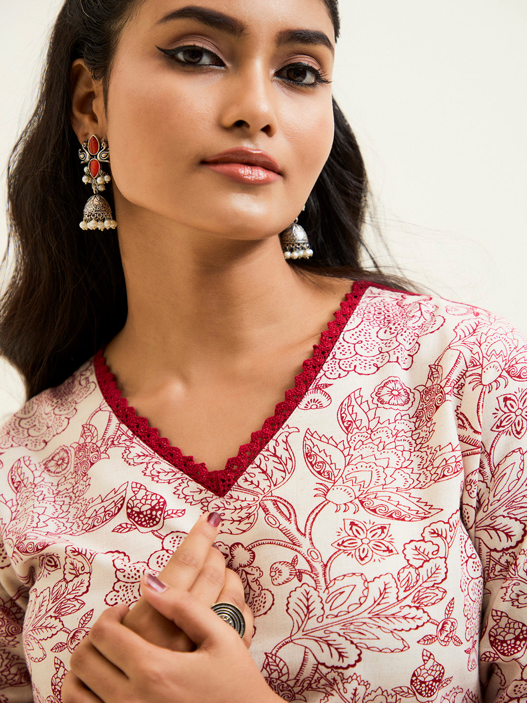 Maroon Handblock Printed Buddha Embroidered Kurta Set