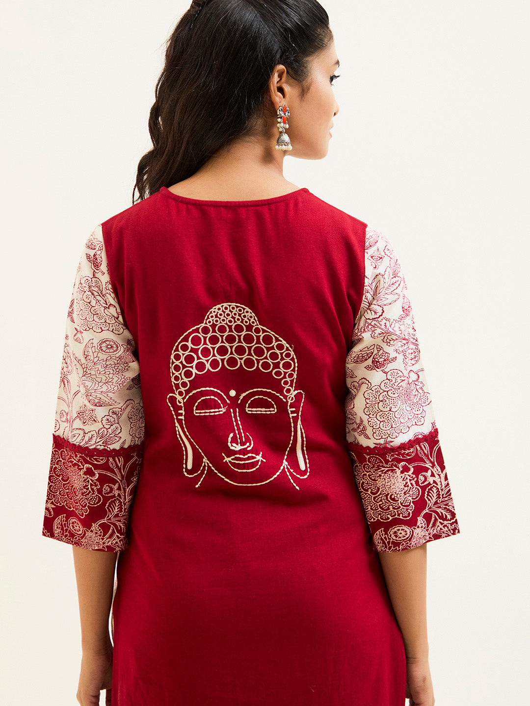 Maroon Handblock Printed Buddha Embroidered Kurta Set