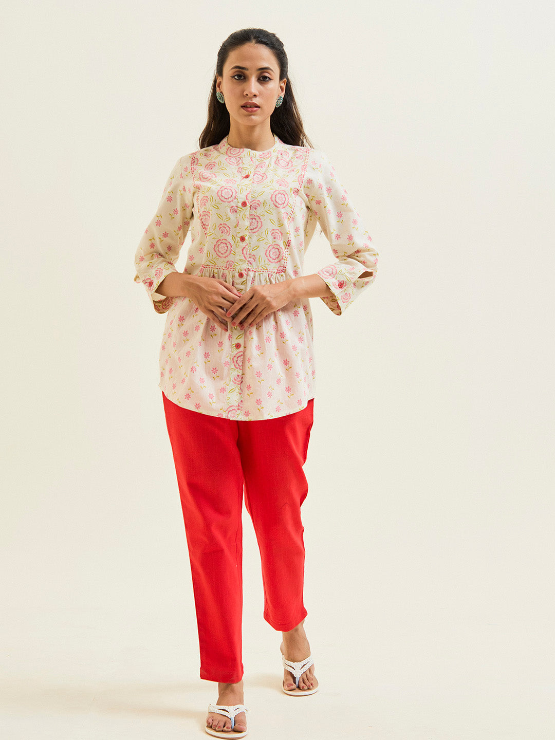 Coral Floral Printed Gathered Top