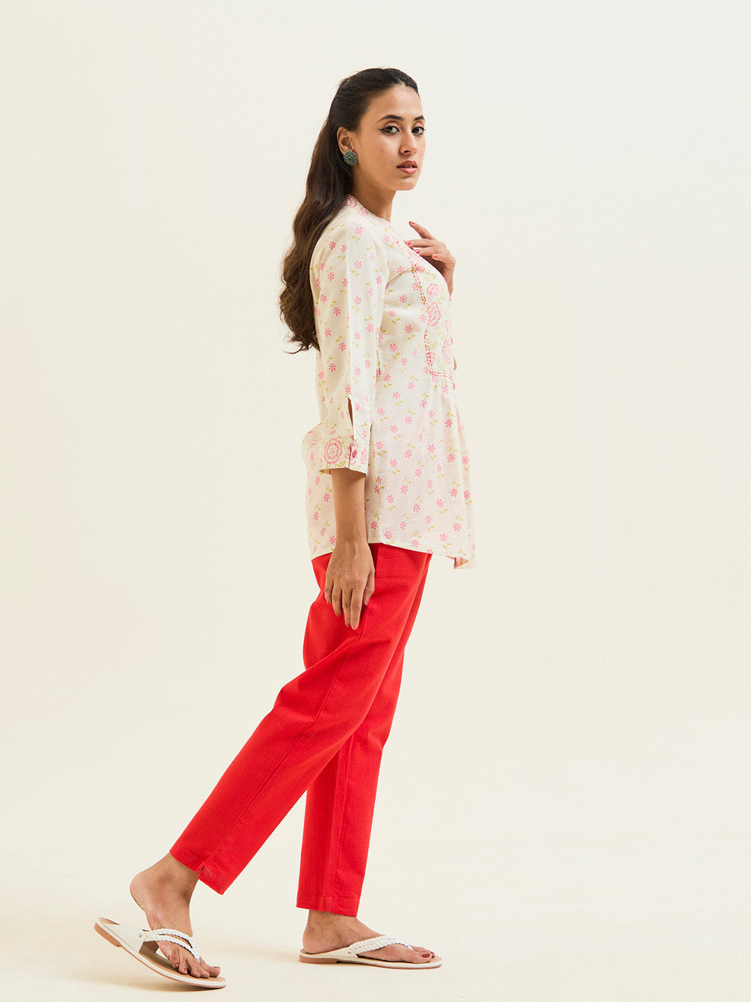 Coral Floral Printed Gathered Top