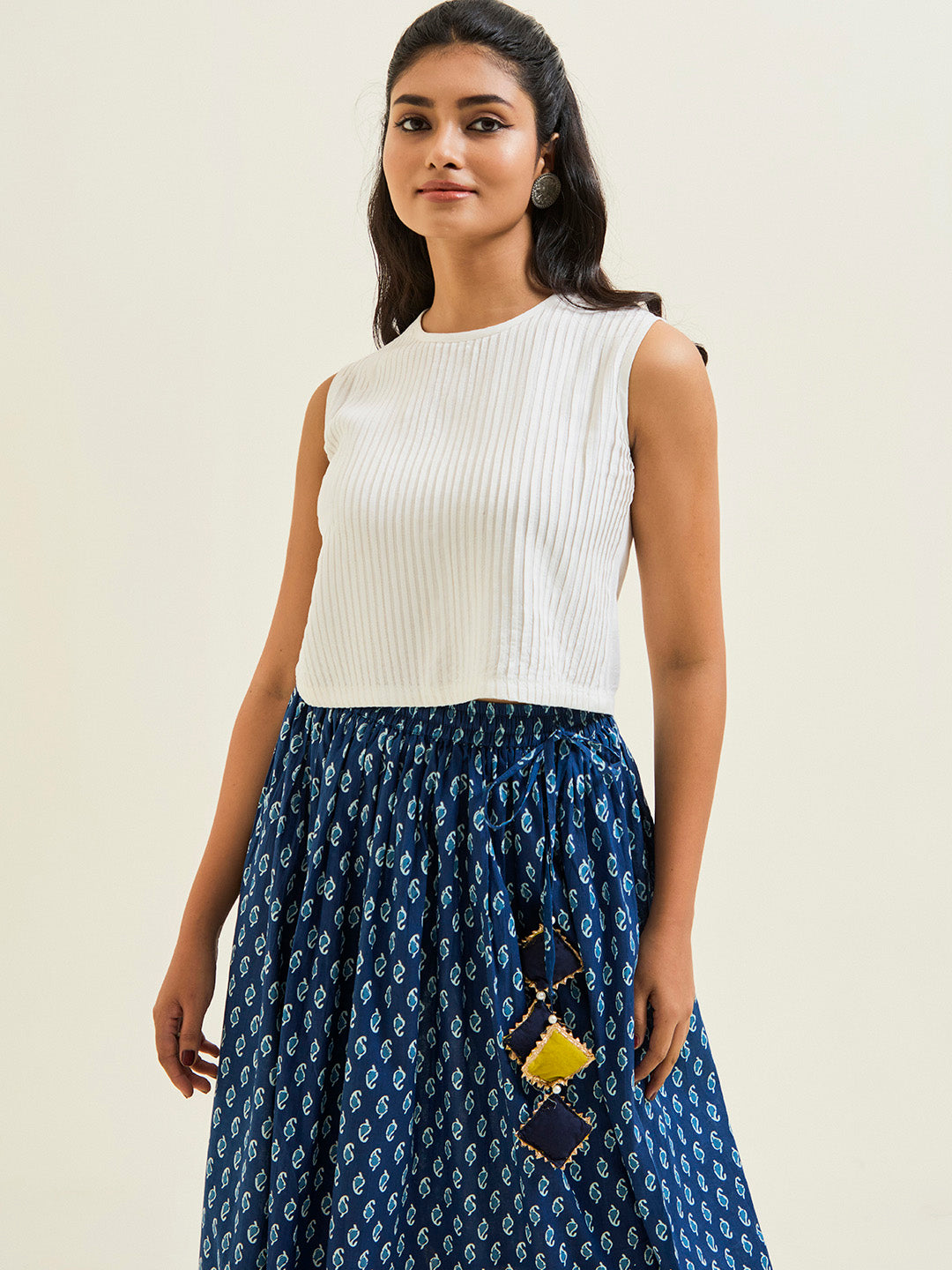Blue & Mustard Ethnic Printed Cotton Skirt