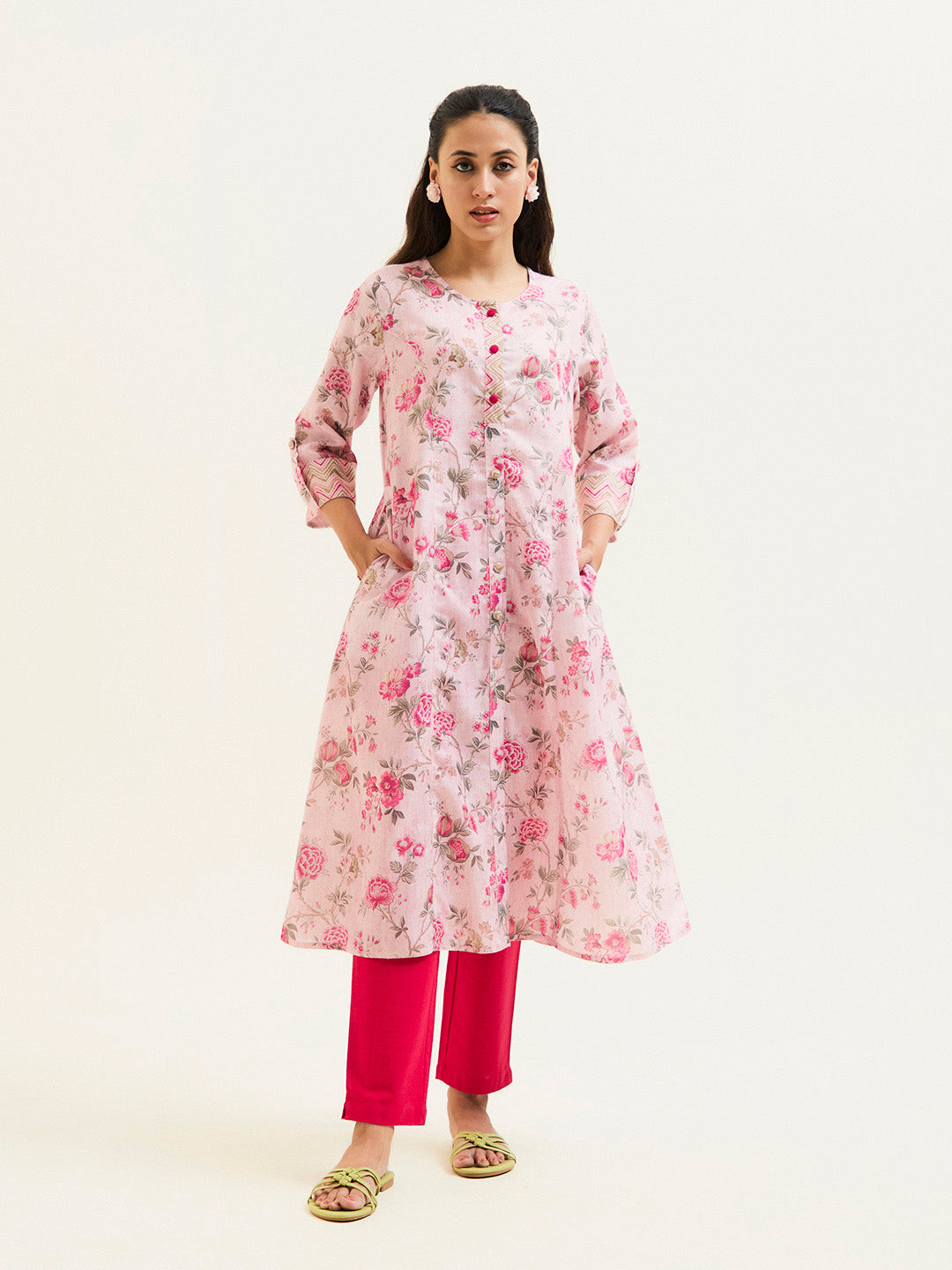 Pink Floral A-line Kurta