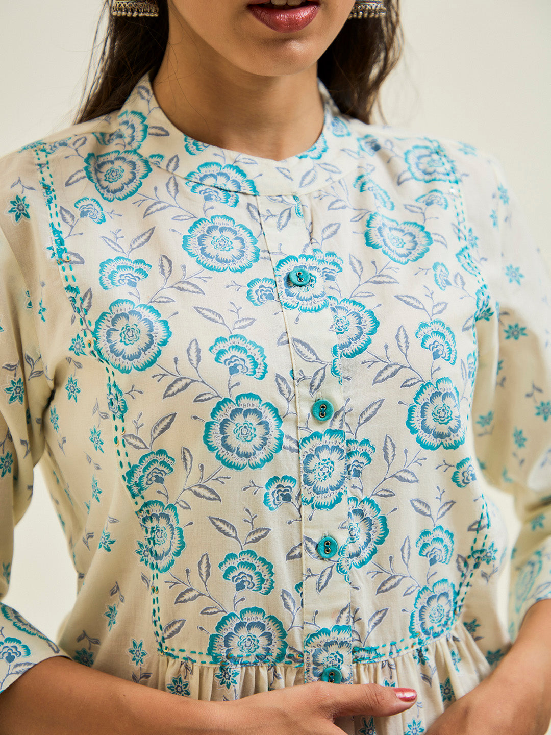 Turquoise Blue Floral Printed Gathered Top