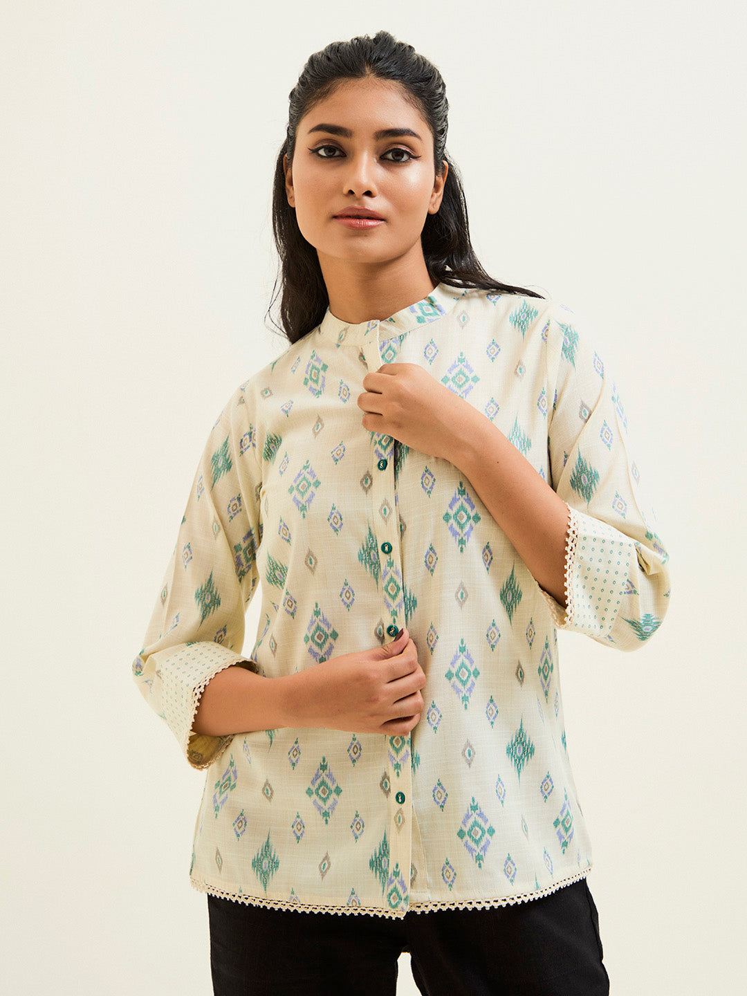 Green Ikat Printed Straight Top