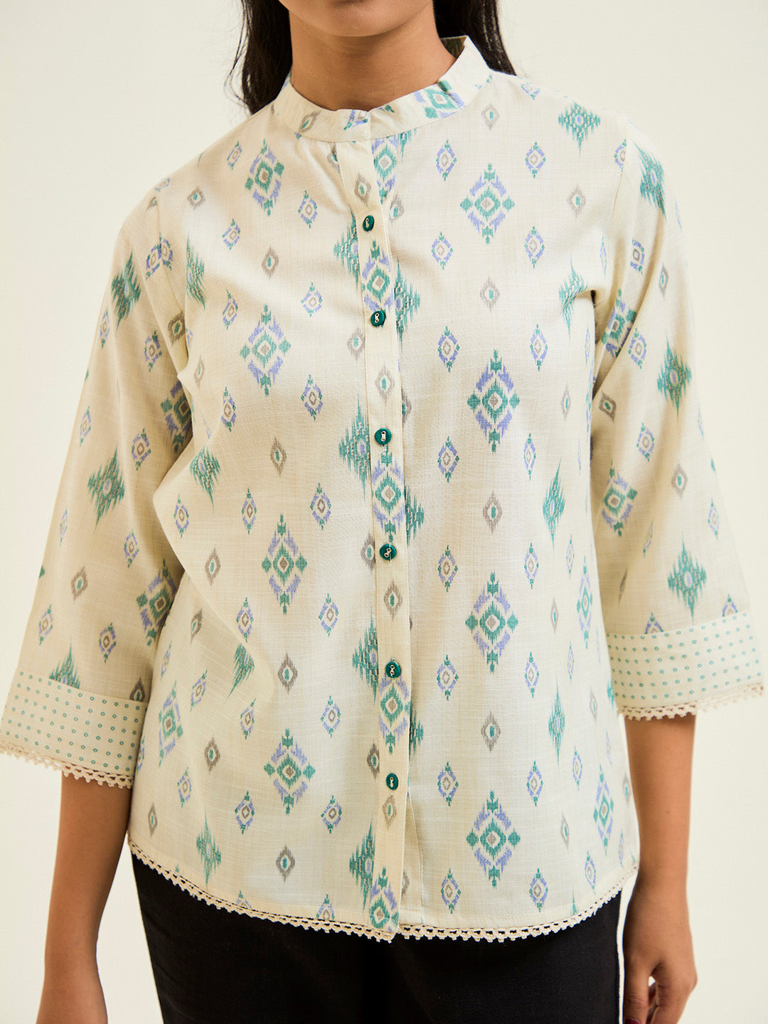 Green Ikat Printed Straight Top