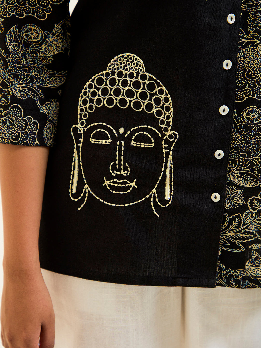 Buddha Embroidered Handblock Printed Overlapped Shirt
