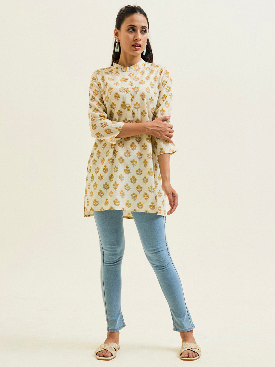 Yellow Ethnic Printed Short Kurta