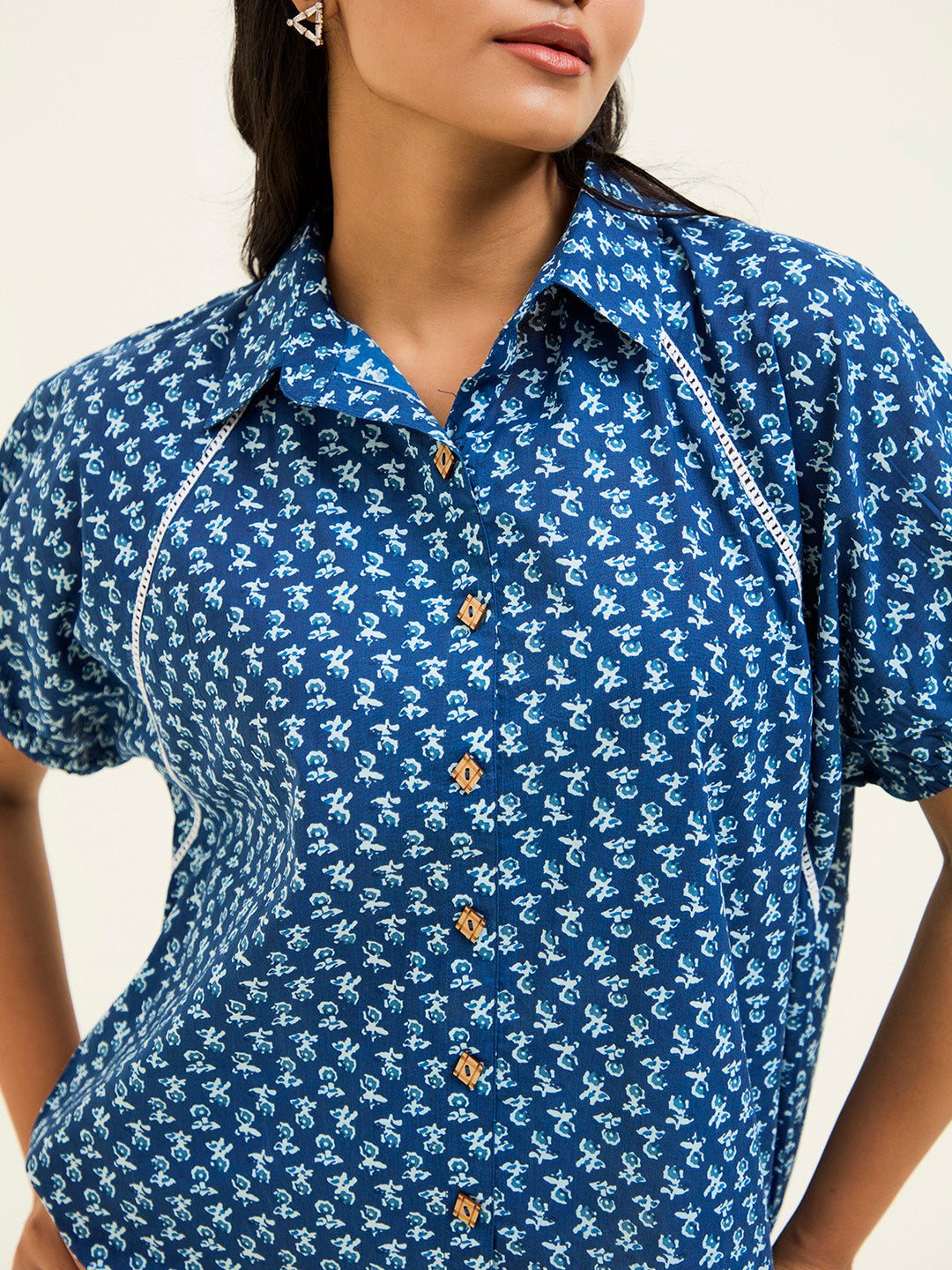 Ethnic Printed Indigo Blue Cotton Shirt