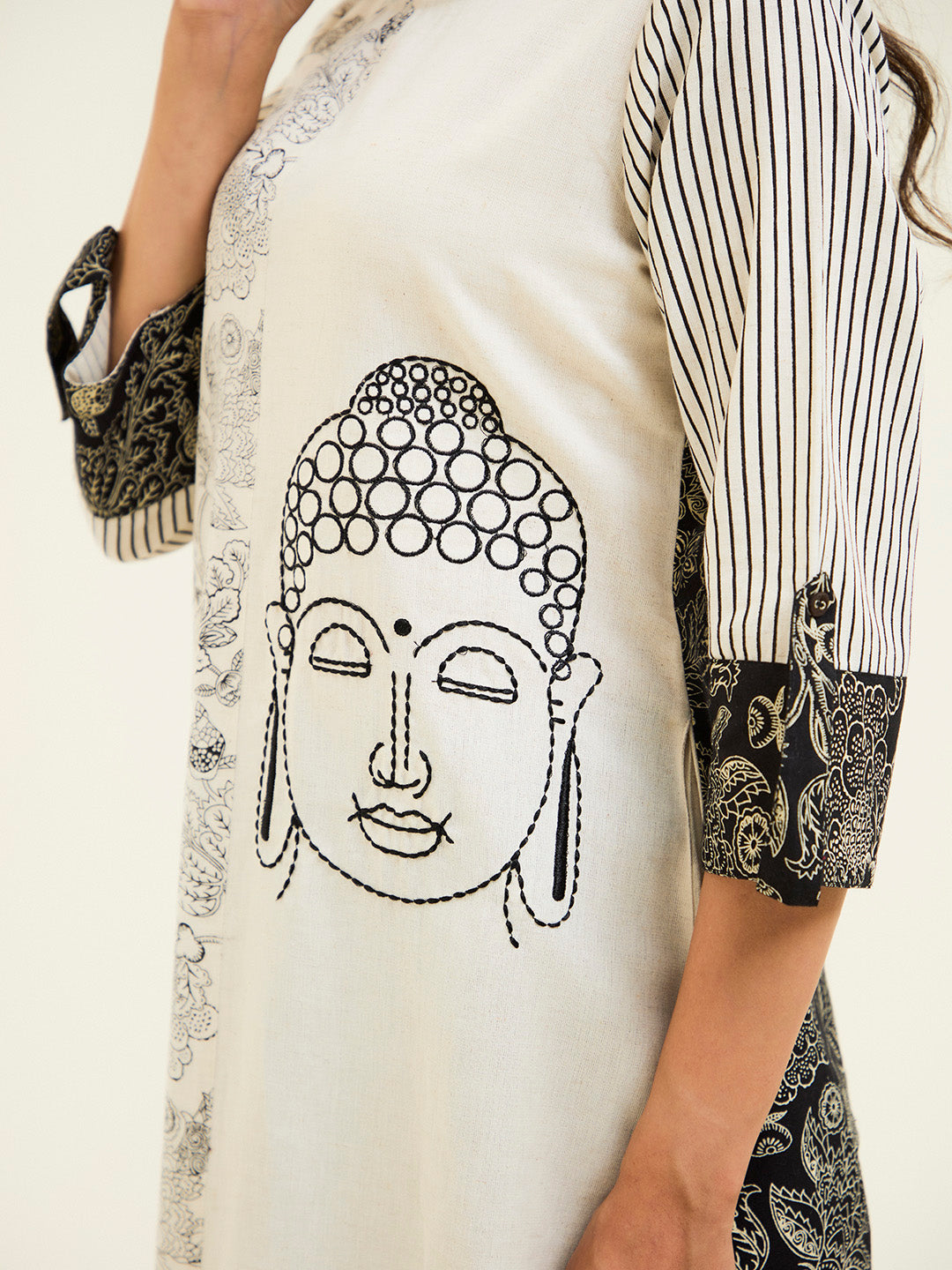 Black Handblock Printed Buddha Embroidered A-line Kurta