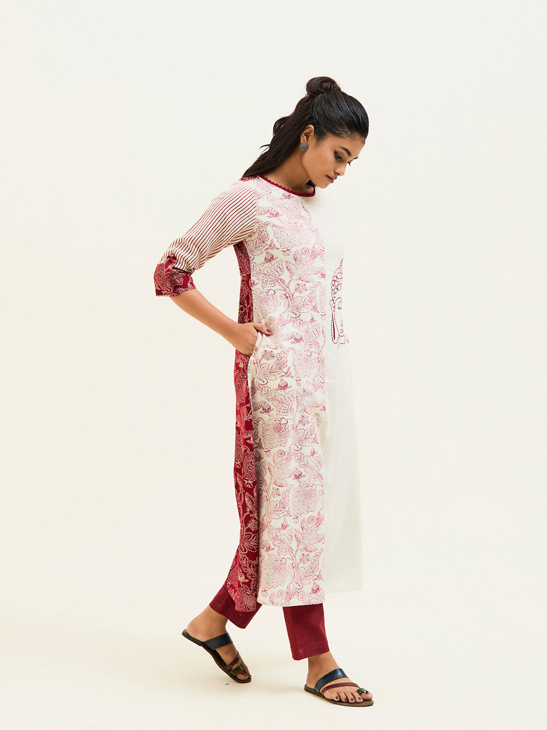 Maroon Handblock Printed Buddha Embroidered A-line Kurta