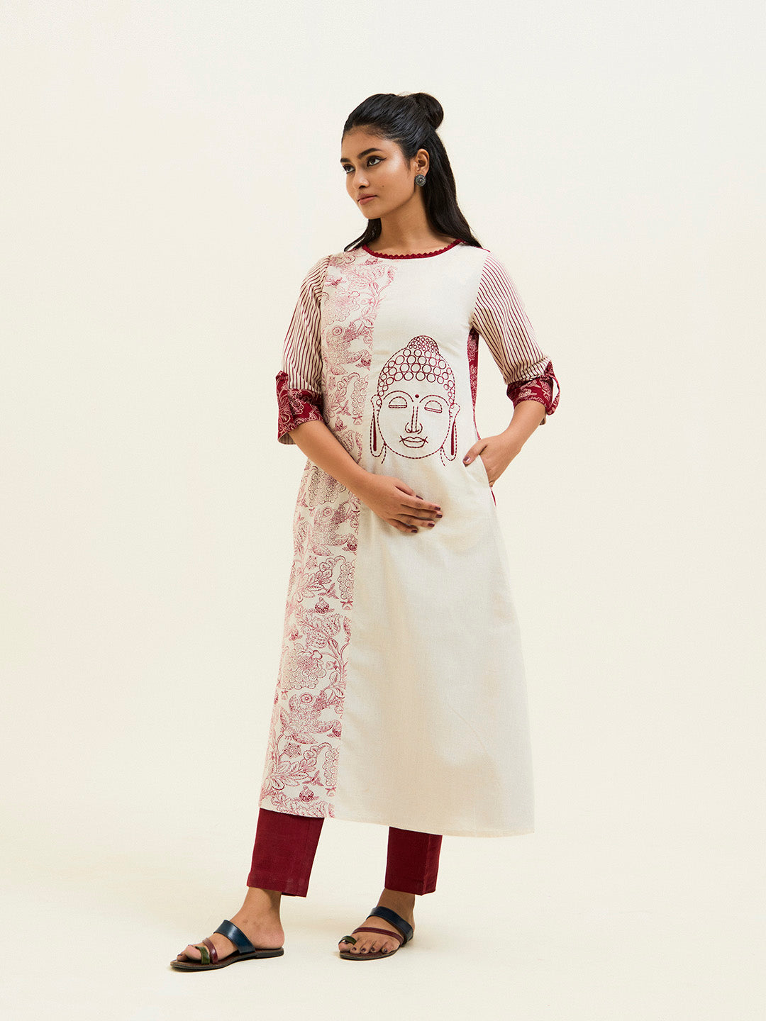 Maroon Handblock Printed Buddha Embroidered A-line Kurta