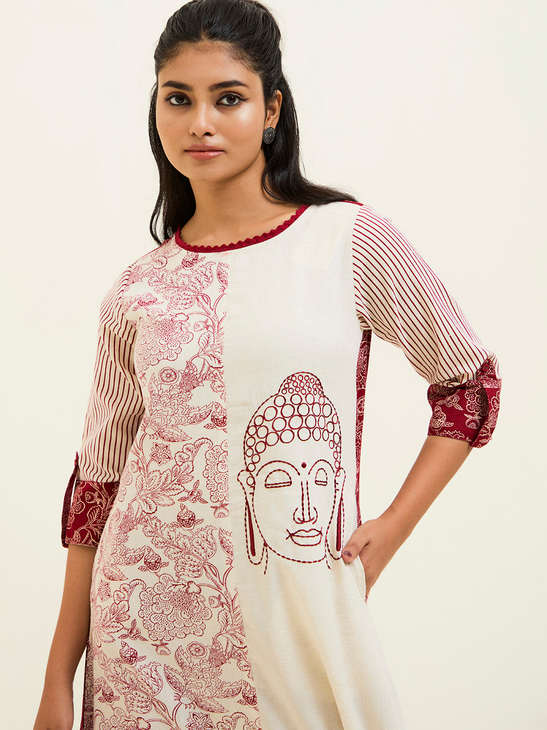 Maroon Handblock Printed Buddha Embroidered A-line Kurta