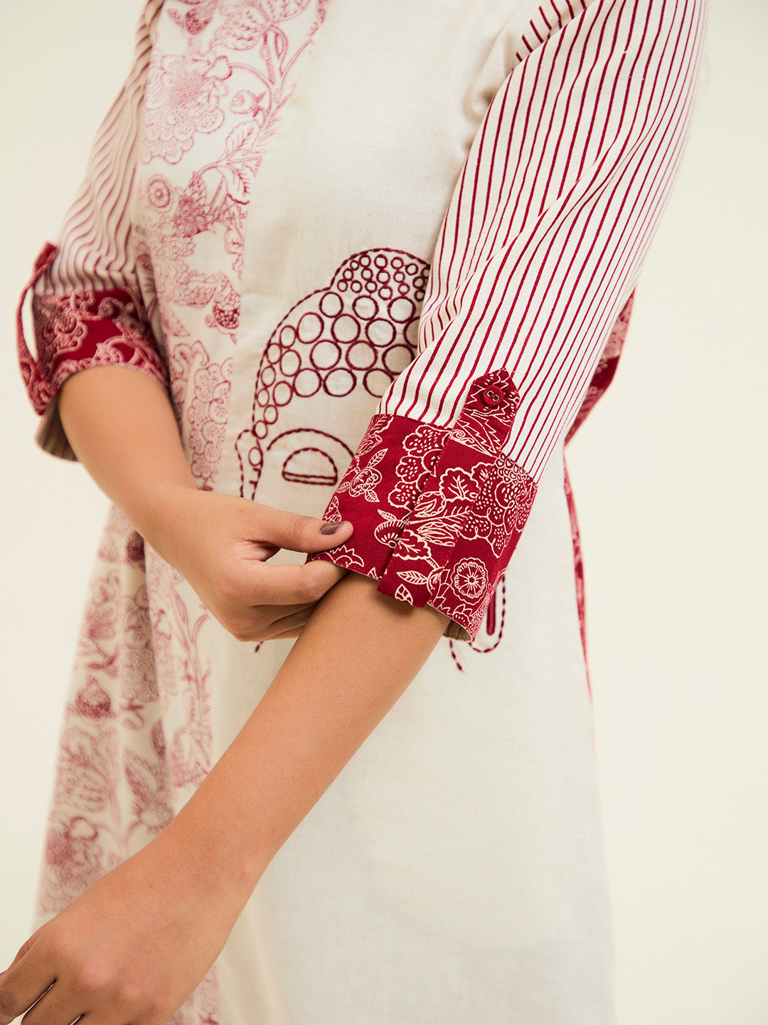 Maroon Handblock Printed Buddha Embroidered A-line Kurta